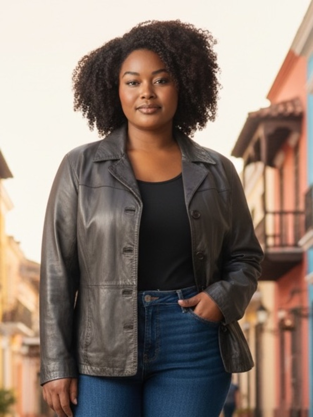 Black Leather Jacket for Women - size L
